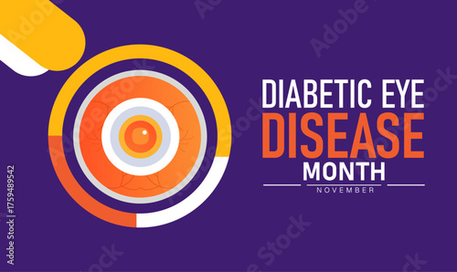 Diabetic Eye Disease Month Poster Banner and Background Abstract Design Template with Eye and Medical Illustration for Health Awareness Diabetes Prevention and Vision Care Education Campaign
