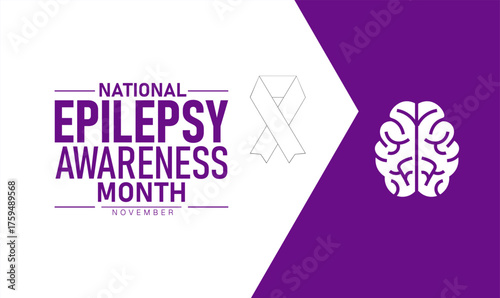 National Epilepsy Awareness Month Poster Banner and Background Abstract Design Template with Purple Ribbon and Brain Illustration for Health Support Education and Seizure Prevention Campaign
