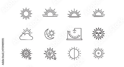 Set of sun and star icons with a cloud and moon