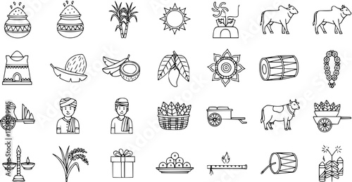 Pongal and Makar Sankranti Harvest Festival Vector Line Art Icons Set. Traditional Indian celebration elements like sugarcane, pots, cattle, sun, and sweets.