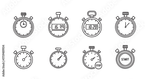 Stopwatch icons outline vector illustration for time management and sports apps