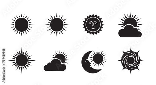 Sun icon set in various styles weather forecast elements symbols
