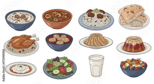 Collection of various dishes, including rice, meat, salad, soup, and desserts, presented in a visually appealing arrangement