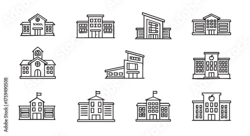 Variety of school building outline illustrations for educational themes and projects