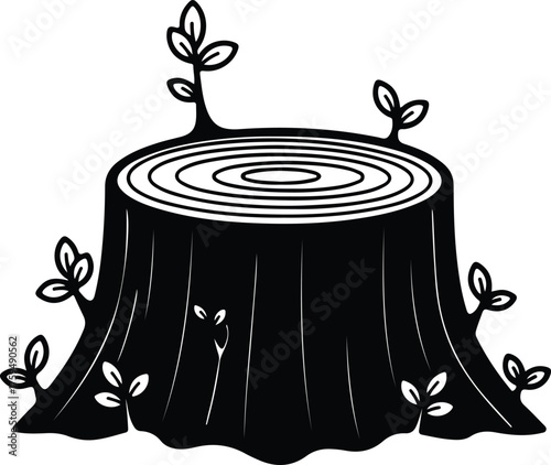 Vector Tree stump growing sprouts black and white silhouette illustration