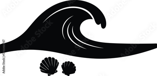 Vector wave with seashells black and white silhouette illustration