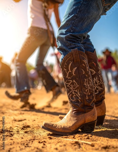 Close-up of cowboy boots on a person in blue jeans, dancing. Other people in the background are blurred. Bright sunlight