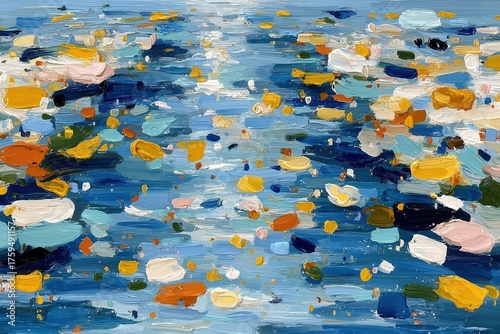 Vibrant abstract artwork depicting colorful reflections on water under bright sunlight