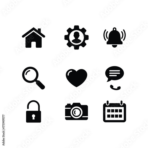 Minimal Black UI Icons Set ? Home, Settings, Notifications, Search, Favorites, Messages, Security, Camera, Calendar.eps