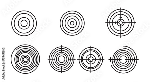 Circular Target Icon Set with Concentric Rings and Goal Symbol