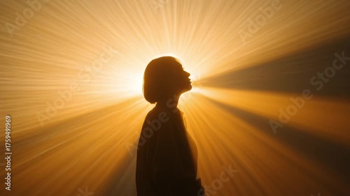 Woman in profile with rays of light illuminating her silhouette  