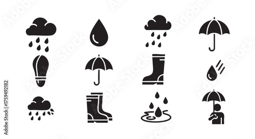 Collection of black weather icons depicting rain and protection elements