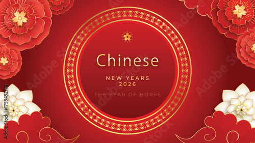 Happy chinese new year 2026 year of the horse vector illustration background. Gold horse zodiac, lanterns, and pattern cloud on red background.