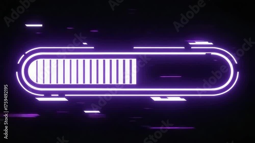 Abstract futuristic loading bar with digital glitch effect and purple neon glow