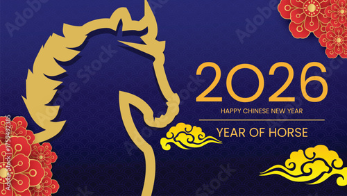 Happy chinese new year 2026 year of the horse vector illustration background. Gold horse zodiac, lanterns, and pattern cloud on blue background.