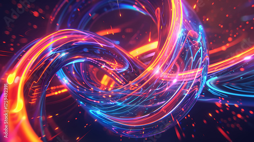 Glowing Data Stream Flowing Around Abstract AI Symbols Illustration