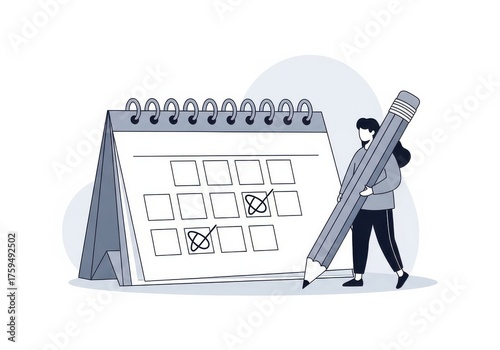 Woman marking dates on desk calendar for schedule planning and time management