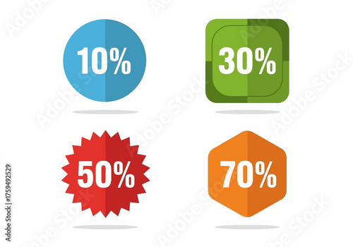 Discounts shown in shapes blue circle green square red star and orange hexagon displaying 10 30 50 and 70