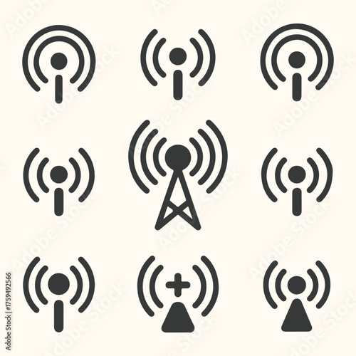 Vector art of collection of signal icons representing wireless communication, wifi, and broadcasting