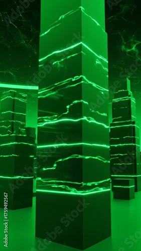 Abstract futuristic city skyline with green glowing lights and structures