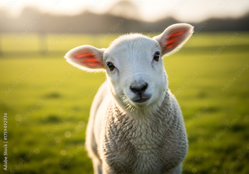 Fototapeta premium A cute white lamb stands in a sunny green field, looking directly at the camera.