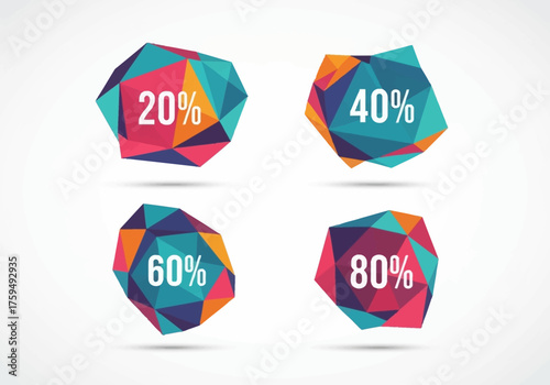 Four colorful abstract polygonal shapes with 20 40 60 and 80 written in white