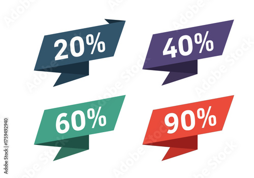 Four colorful angled ribbons displaying percentages 20 40 60 and 90