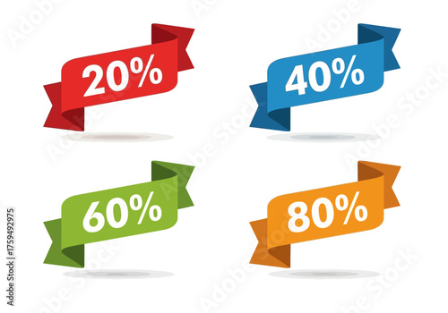 Four colorful banners display discounts 20 40 60 and 80 each a unique shade