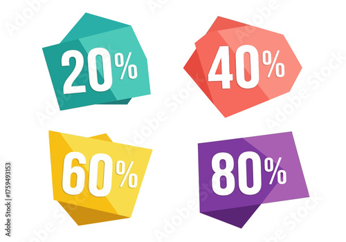Four colorful geometric sale badges display 20 40 60  80 discounts