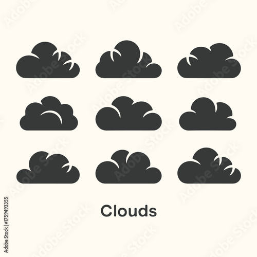 Vector art of set of nine stylized black cloud icons on a light cream background