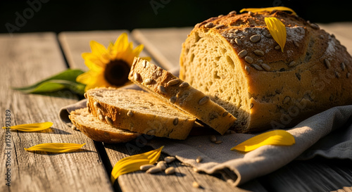 Freshly Baked Sunflower Seed Bread With Sunflower Petals Placed On Wooden Table