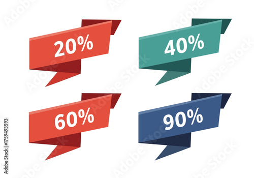 Four discount ribbons in red green blue Displaying percentages 20 40 60 90