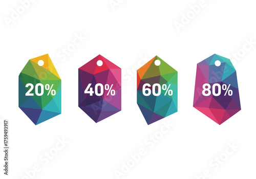 Four faceted polygonal tags display 20 40 60 and 80 in white