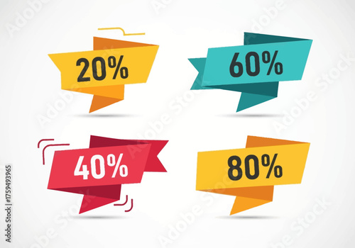 Four discount tags show 20 40 60 and 80 percentages in yellow red and teal