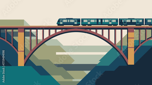A stylized illustration of a train traveling across a bridge in a mountainous landscape scene view