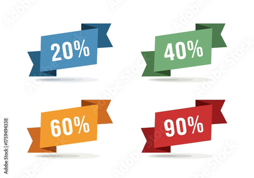 Four sale banners 20 40 60  90 off in blue green orange and red angled with shadow effects