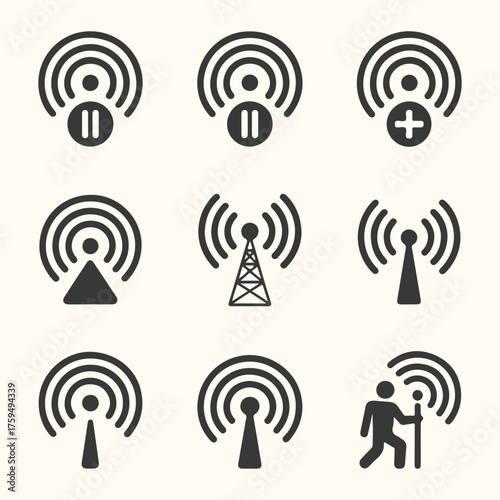 Vector art of collection of nine different icons representing wireless signals, broadcasting, and connectivity