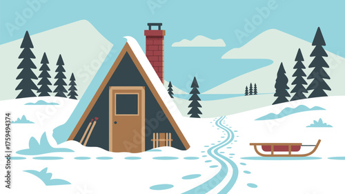 A frame cabin in snowy landscape with mountains trees and a sled on a winter day illustration