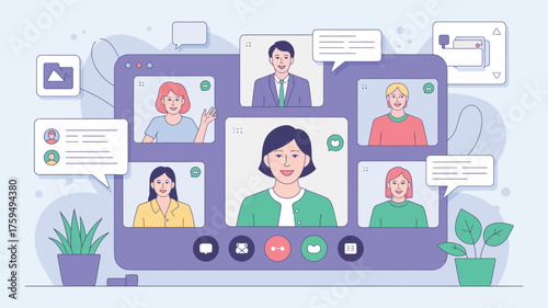 Illustration of a video conference call with six participants and interface elements displayed online