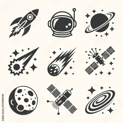 Vector art of collection of space icons including rockets, astronauts, planets, comets, and satellites
