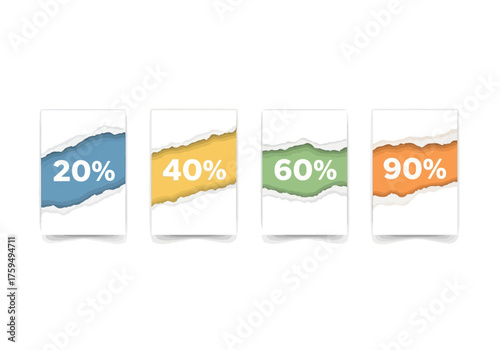 Four white cards display torn edges revealing blue yellow green  orange backgrounds with percentages 20 40 60 and 90