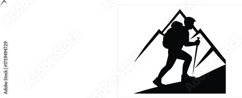 Silhouette of a Hiker Climbing a Mountain with Trekking Pole