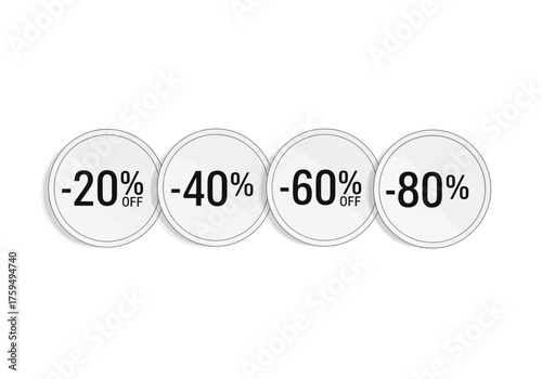Four white circles in a row each with a discount percentage labeled on them in black indicating 20 40 60 and 80 off