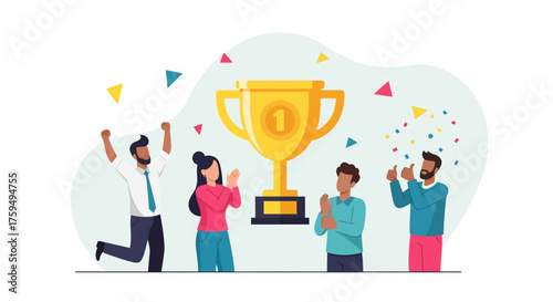 A team celebrates a victory, cheering and applauding near a golden trophy, confetti falling.
