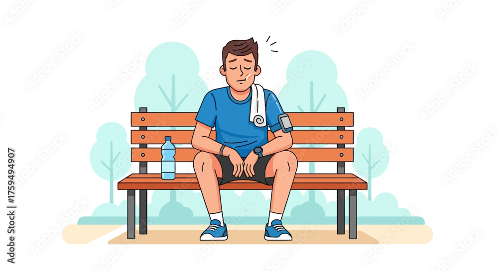 Fototapeta premium A tired man resting on a park bench after exercising, with water bottle nearby.