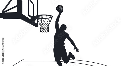 Silhouette of a basketball player performing a slam dunk with the ball raised above the hoop.