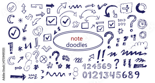 Collection of hand drawn blue ink doodles featuring checkmarks question marks arrows and numbers on white background