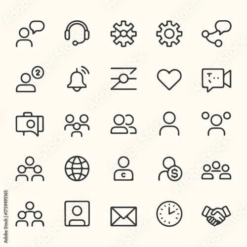 Vector art of set of simple outline icons representing communication, business, social media, and technology concepts