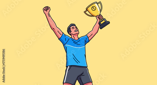 Illustration of a man triumphantly holding a golden trophy with arms raised against a yellow background.