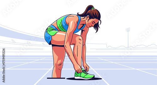 A female athlete in sportswear preparing for a race, tying her shoelace on a track.